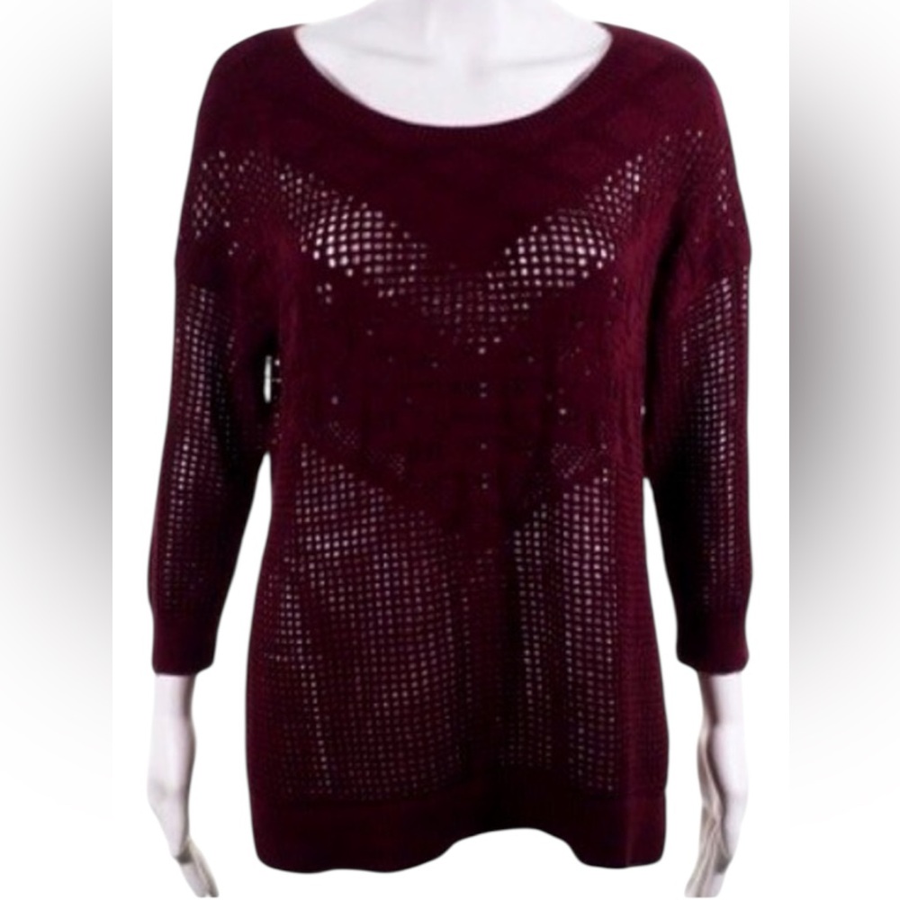 Maroon Open Knit Chevron Crochet Sweater | 3/4 Sleeve Tunic PINK ROSE size S